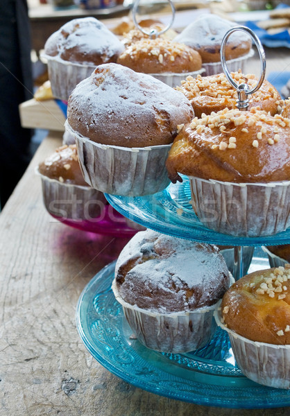 Stock foto: Muffins · Jahrgang · Kuchen · stehen · rustikal · Tabelle