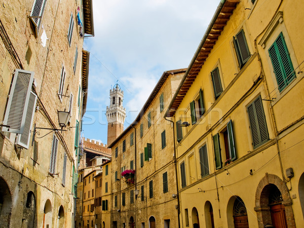 Antique street of Sinea with Mangia tower in background. Siena, Italy Stock photo © Photooiasson