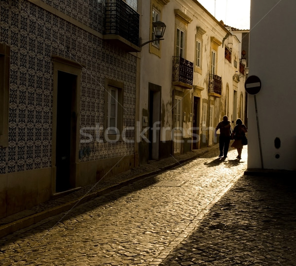 Antik csempézett utca Portugália naplemente ház Stock fotó © Photooiasson
