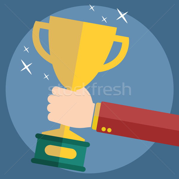 Vector illustration with flat trophy and hand. First place and business aims concept background. Tea Stock photo © Photoroyalty