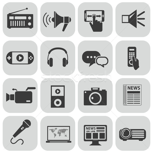 Stock photo: Vector black media icons set on gray