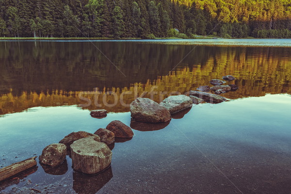 Tó tájkép békés naplemente csetepaté kövek Stock fotó © photosebia