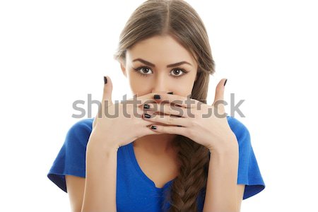 Szégyenkezve nő portré fiatal gyönyörű nő befogja száját mindkettő Stock fotó © photosebia