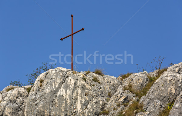 [[stock_photo]]: Fer · croix · ciel · bleu · rouge · haut · montagne