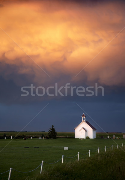 Gewitterwolken Saskatchewan Land Kirche Sonnenuntergang Himmel Stock foto © pictureguy