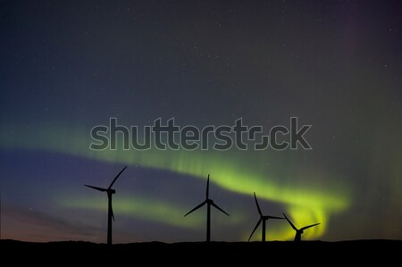 ストックフォト: 風力発電所 · 北方 · ライト · オーロラ · 風景 · 青
