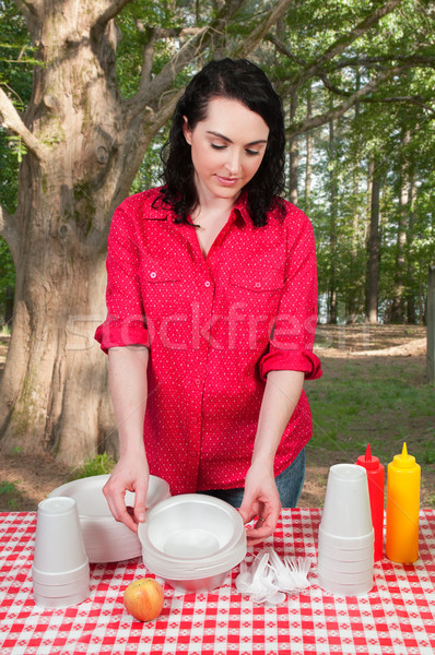 Vrouw picknick mooie vrouw organiseren picknicktafel Stockfoto © piedmontphoto