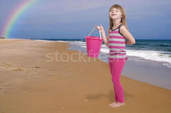Stockfoto: Meisje · strand · mooie · meisje · spelen · hemel