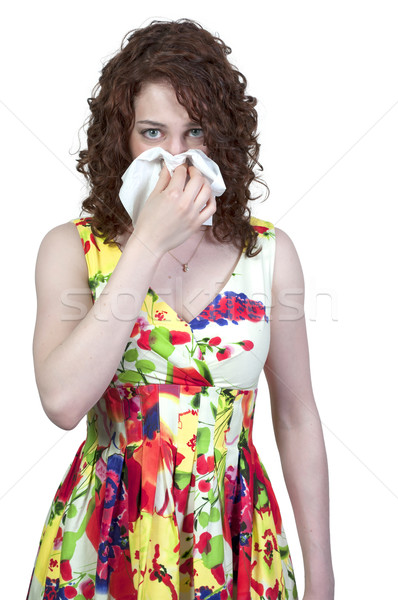 Kobieta dmuchanie nosa piękna kobieta zimno siano gorączka Zdjęcia stock © piedmontphoto