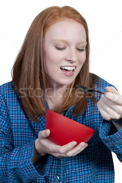 Foto stock: Mulher · alimentação · bela · mulher · comida · menina · sorrir