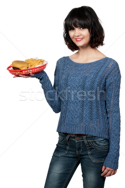 Nő adag ebéd gyönyörű nő pincérnő hamburger Stock fotó © piedmontphoto