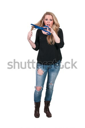Nő dolgozik saját hajstílus lány mosoly Stock fotó © piedmontphoto