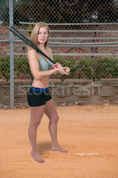 Foto stock: Mulher · jogador · de · beisebol · bela · mulher · taco · de · beisebol · menina · esportes