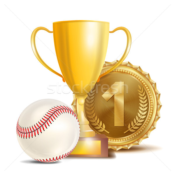 Baseball Award Vector. Sport Banner Background. White Ball With Red Stitches, Gold Winner Trophy Cup Stock photo © pikepicture