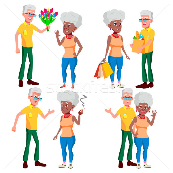 Elderly Couple Set Vector. Grandpa With Grandmother. Lifestyle. Elderly Family. Grey-haired Characte Stock photo © pikepicture