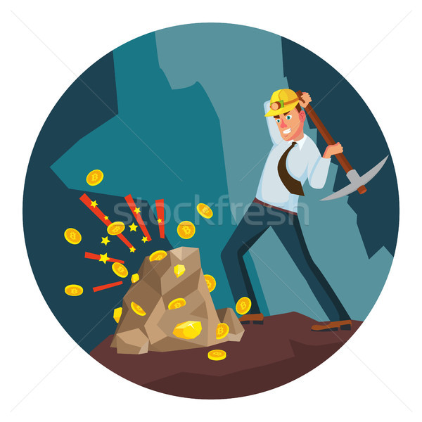 Miner Man Vector. Modern Miner Businessman. Digital Currency. Cartoon Character Illustration Stock photo © pikepicture