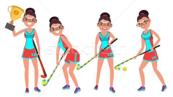 Field Hockey Female Player Vector. Playing Field Hockey In Different Poses. Woman. Battle For Contro Stock photo © pikepicture