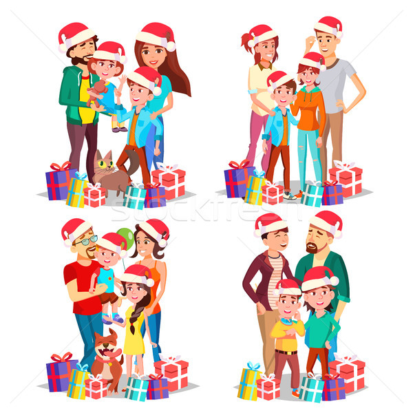 Christmas Family Portrait Set Vector. Parents, Children. In Santa Hats. Happy. New Year Gifts. Happy Stock photo © pikepicture