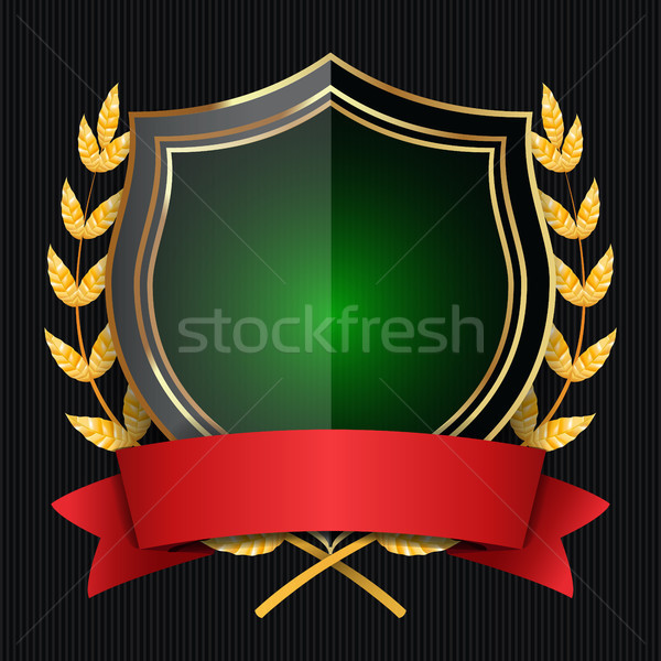 Golden Shield With Laurel Wreath And Red Ribbon. Vector Illustration Stock photo © pikepicture