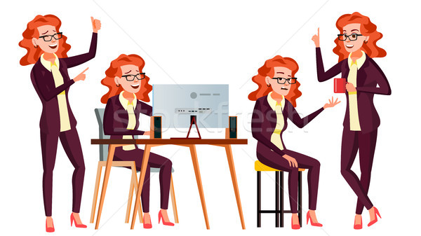 Stock photo: Office Worker Vector. Woman. Face Emotions, Various Gestures. Isolated Cartoon Character Illustratio