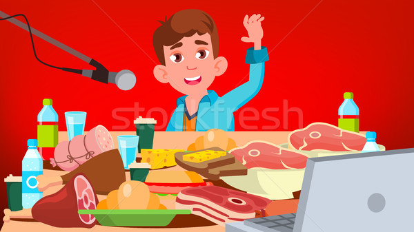 Mukbang Eating Show Vector. Guy. Food Challenge. Video Blog Channel. Illustration Stock photo © pikepicture