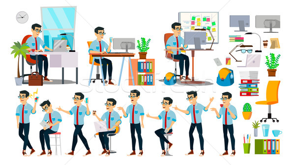 Business Man Character Vector. Working Asian People Set. Office, Creative Studio. Asiatic. Business  Stock photo © pikepicture