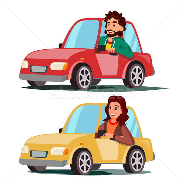 Driver People Vector. Man, Woman Sitting In Modern Automobile. Buy A New Car. Driving School Concept Stock photo © pikepicture