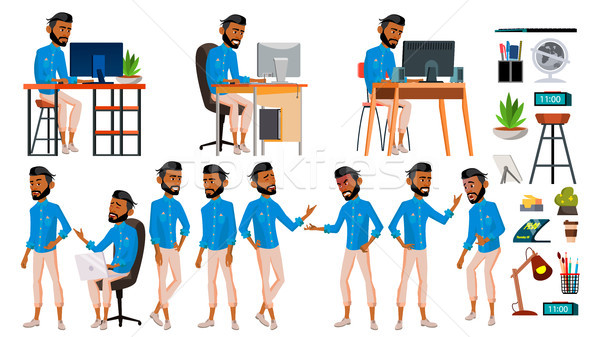 Arab Man Set Office Worker Vector. Emirates, Qatar, Uae. Muslim. Islamic. Emotions, Gestures. Set. L Stock photo © pikepicture