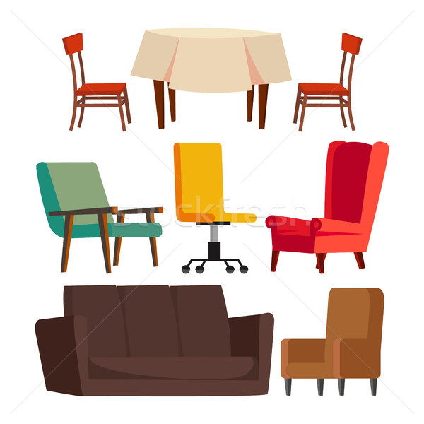 Stock photo: Cartoon Furniture Set Vector. Sofa, Chair, Table, Office Chair. Flat Isolated Illustration