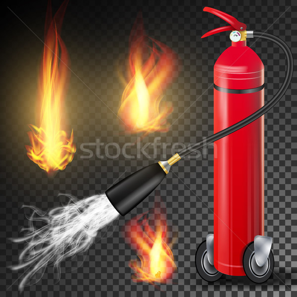 Fire Extinguisher Vector. Burning Fire Flame And Metal Glossiness 3D Realistic Red Fire Extinguisher Stock photo © pikepicture