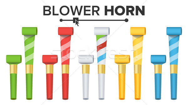 Party Horn Set Vector. Color Penny Whistle. Top View. Isolated On White Illustration Stock photo © pikepicture