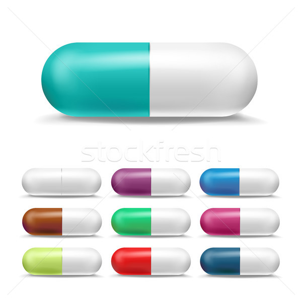 3D Realistic Pills Set Vector. Colored Painkiller, Pharmaceutical Antibiotics. Color Medicine Capsul Stock photo © pikepicture