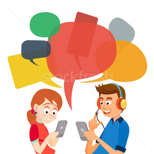 Teen Girl And Boy Messaging Vector. Communicate On Internet. Chatting On Network. Using Smartphone.  Stock photo © pikepicture
