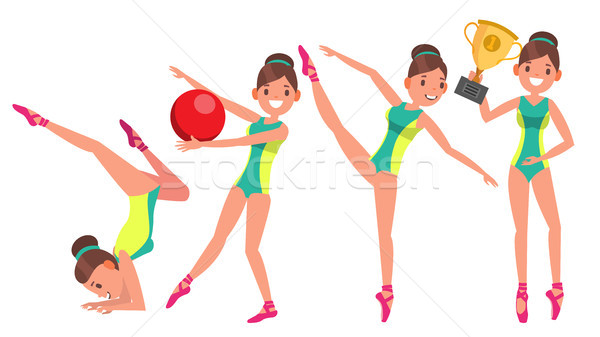 Gymnastics Female Player Vector. Gymnastic Tape, Hoop, Mace. Slim. Dance. In Action. Cartoon Charact Stock photo © pikepicture