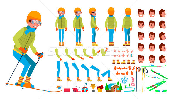 Skiing Male Vector. Animated Character Creation Set. Man Full Length, Front, Side, Back View, Access Stock photo © pikepicture