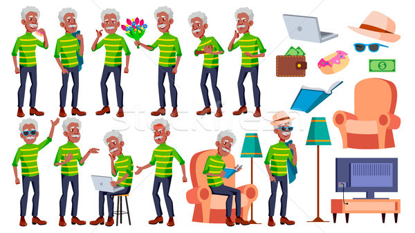 Old Man Poses Set Vector. Black. Afro American. Elderly People. Senior Person. Aged. Active Grandpar Stock photo © pikepicture