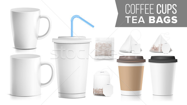 Take-out Various Ocher Paper Cups, Tea Bags Mock Up Vector. Plastic And Ceramic. Big Small Coffee Cu Stock photo © pikepicture