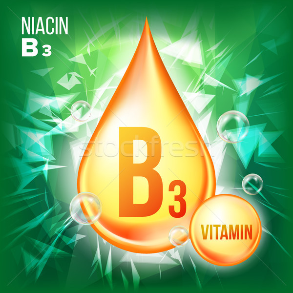 Stock photo: Vitamin B3 Niacin Vector. Gold Oil Drop Icon. Organic Gold Droplet Icon. Medicine Liquid, Golden Sub