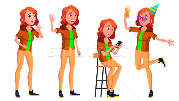 Teen Girl Poses Set Vector. Friendly, Cheer. For Banner, Flyer, Brochure Design. Isolated Cartoon Il Stock photo © pikepicture