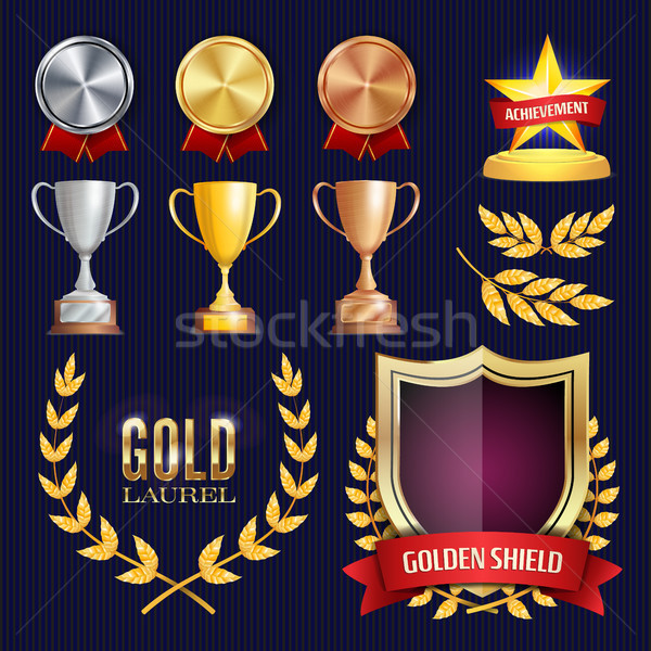Vektor díjak trófeák gyűjtemény arany jelvények Stock fotó © pikepicture