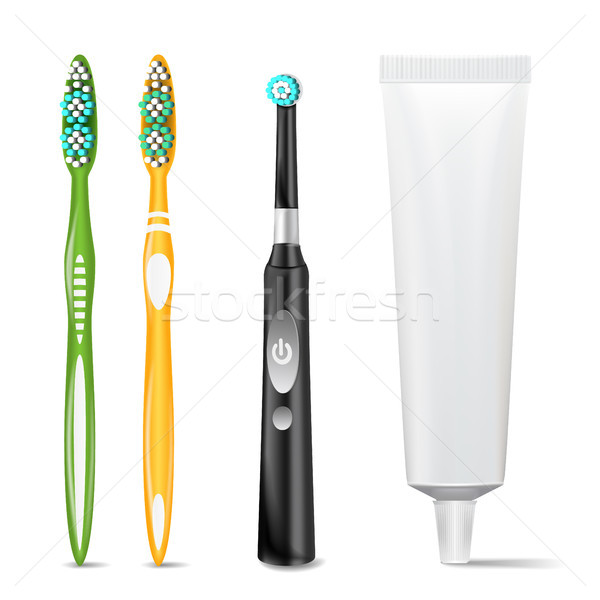 Foto stock: Plástico · elétrico · escova · de · dentes · creme · dental · tubo · vetor