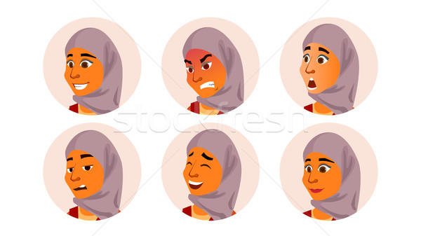 Arab Avatar Woman Vector. Facial Emotions. Traditional Clothes.Islamic. Hijab. Arab, Muslim. User Po Stock photo © pikepicture