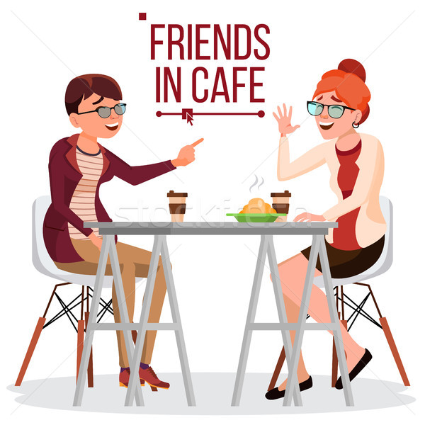 Friends In Cafe Vector. Two Woman. Drinking Coffee. Bistro, Cafeteria. Coffee Break Concept. Lifesty Stock photo © pikepicture