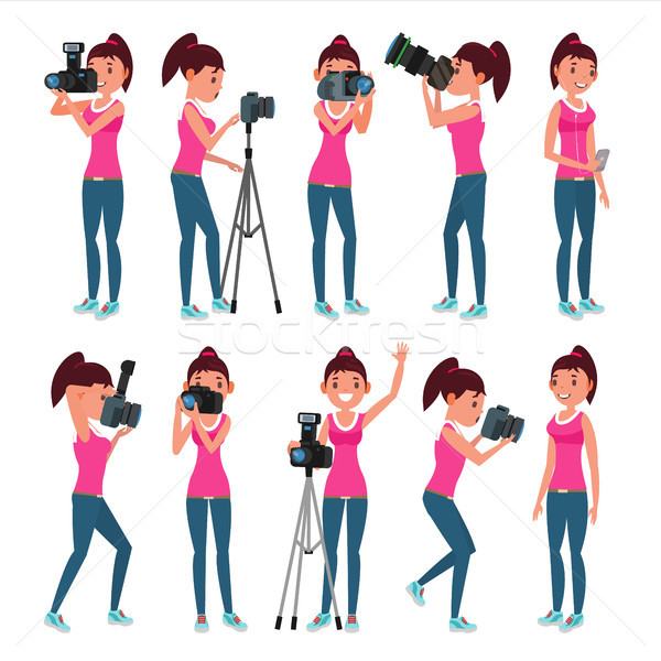 Photographer Female Vector. Modern Camera. Posing. Girl Full Length Taking Photos. Photojournalist,  Stock photo © pikepicture