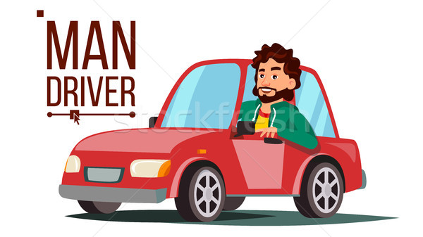 Man Driver Vector. Sitting In Modern Automobile. Buy A New Car. Driving School Concept. Happy Male M Stock photo © pikepicture