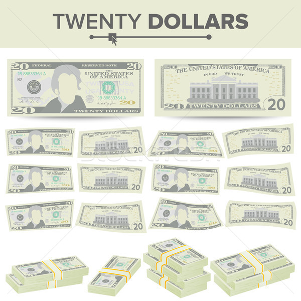 20 Dollars Banknote Vector. Cartoon US Currency. Two Sides Of Twenty American Money Bill Isolated Il Stock photo © pikepicture