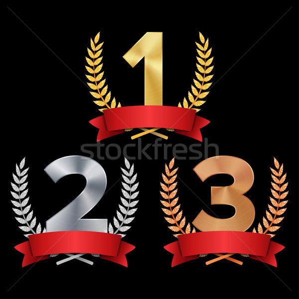 Trophy Award Set Vector. Figures 1, 2, 3 One, Two, Three In A Realistic Gold Silver Bronze Laurel Wr Stock photo © pikepicture