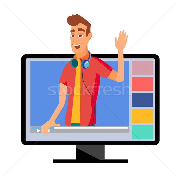 Video Blogger Vector. Classic Man Blogger With Camera. Records Video Blog. Isolated On White Cartoon Stock photo © pikepicture