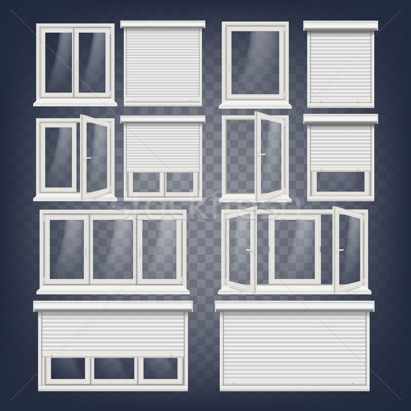 Plastic PVC Windows Set Vector. Different Types. Roller Blind. Opened And Closed. Front View. Home W Stock photo © pikepicture