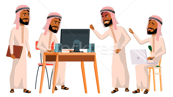 Arab Man Office Worker Vector. Saudi, Emirates, Qatar, Uae. Business Set. Facial Emotions, Gestures. Stock photo © pikepicture